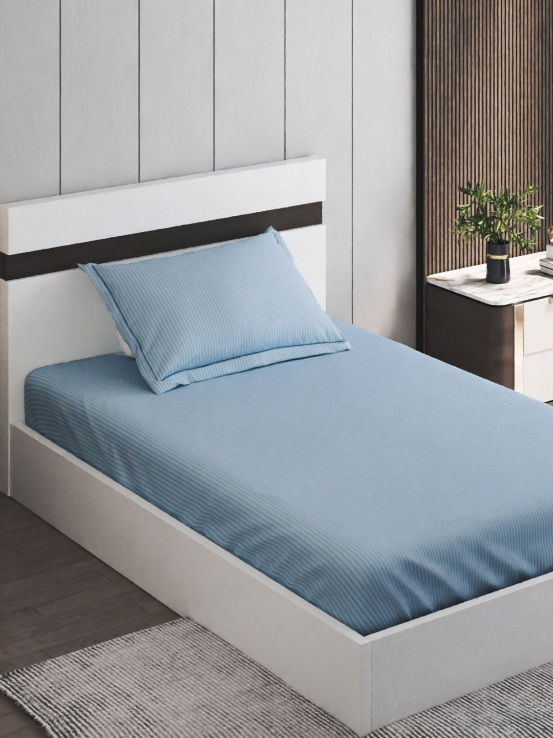 Home Centre Juniper Blue Striped Single Bedsheet Set 2.18m x 1.52 m