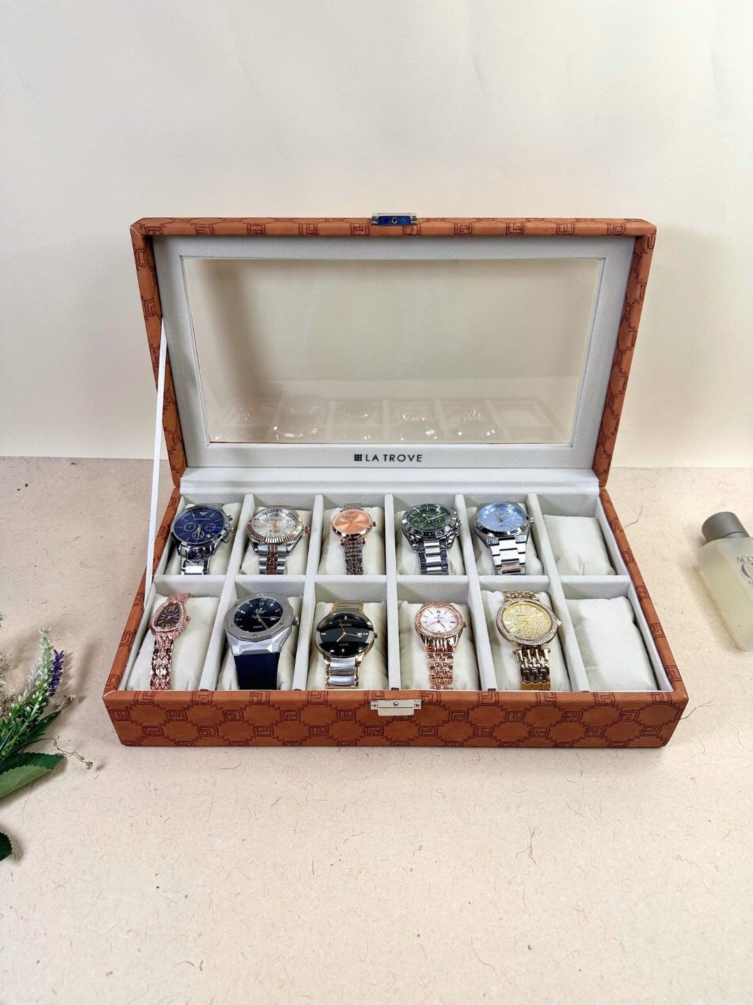 La Trove 12 Slot Tan Leather Wrist Watch Organiser Glass Top Closet Box