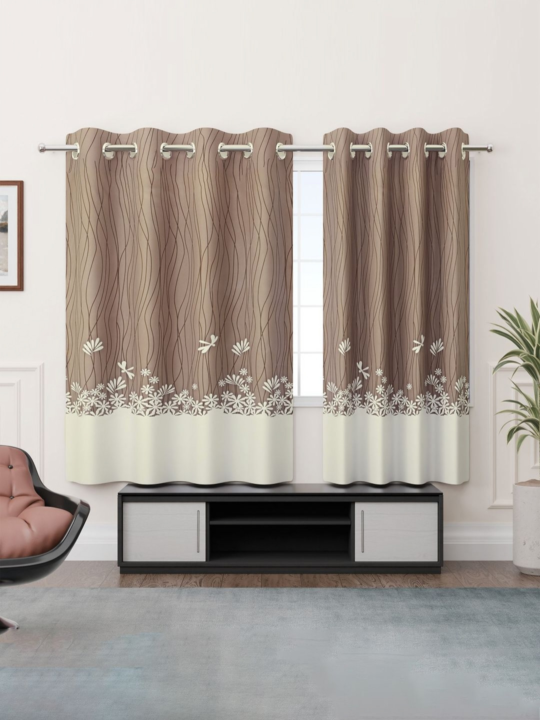 RUBOXA Cream-Coloured & Brown 2 Pieces Floral Printed Window Curtains