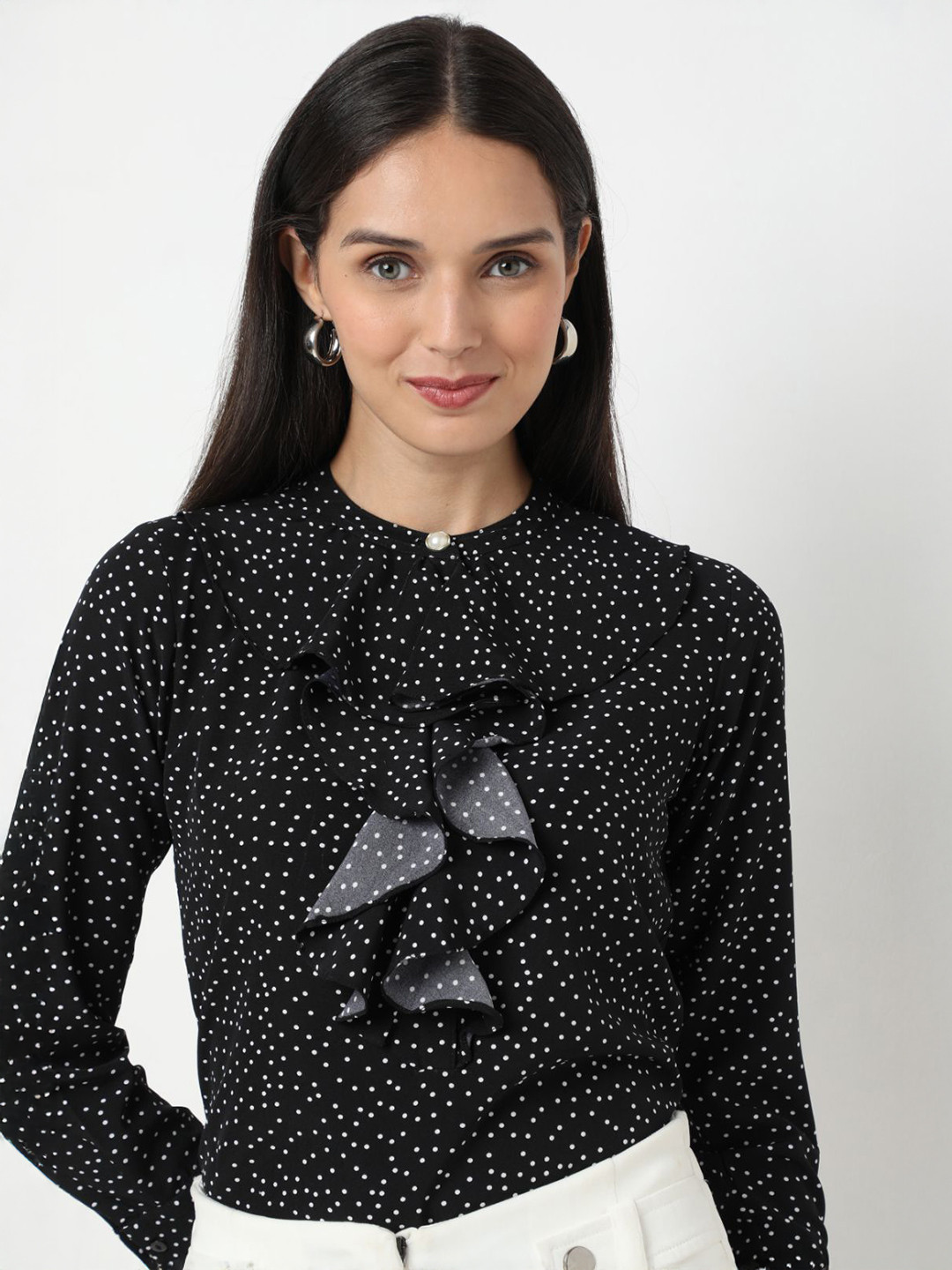 NOT SO PINK Women Relaxed Fit Polka Dots Printed Collarless Casual Shirt