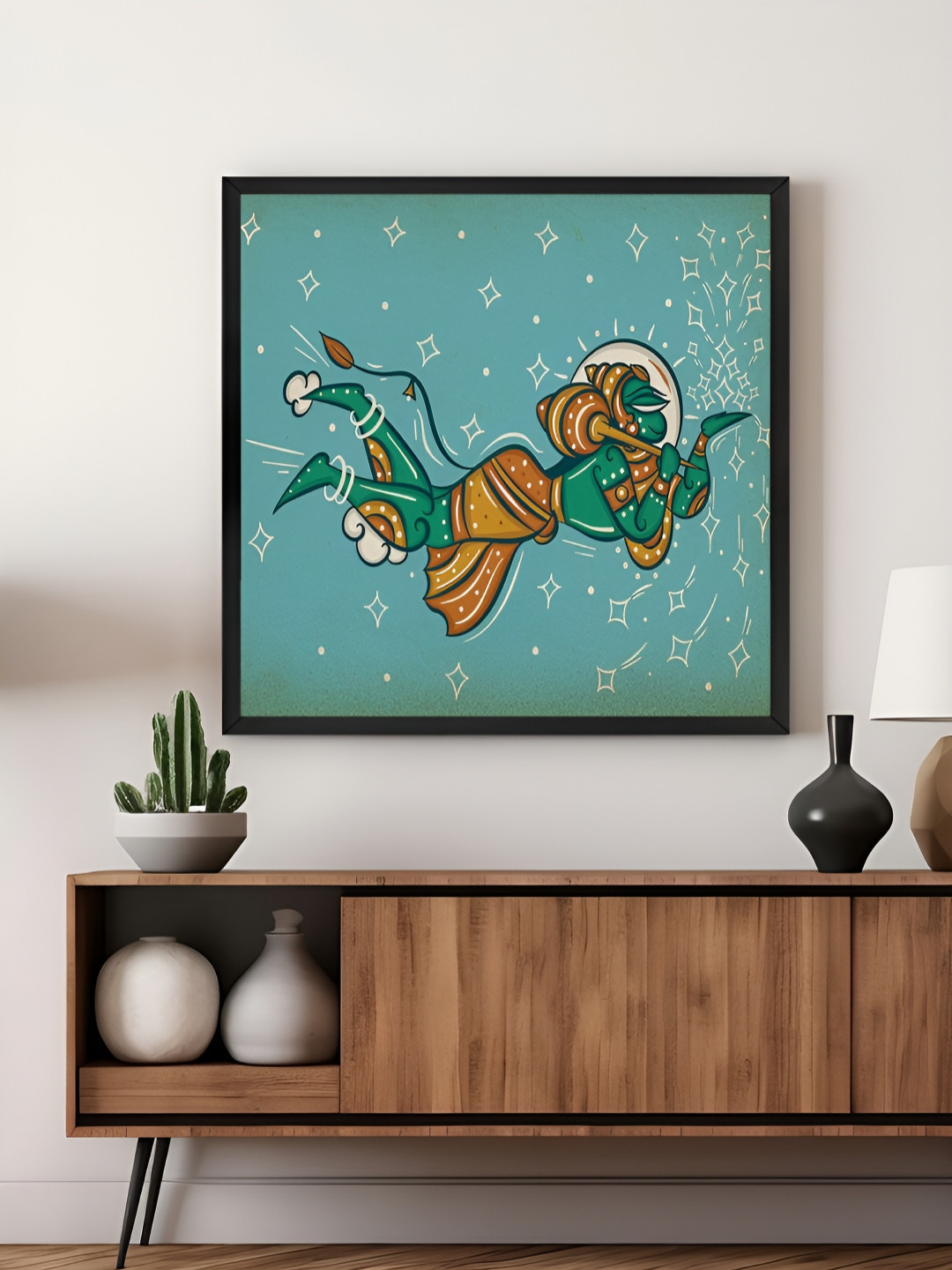 999Store Green & Brown Hanuman Flying Canvas Religious Wall Art