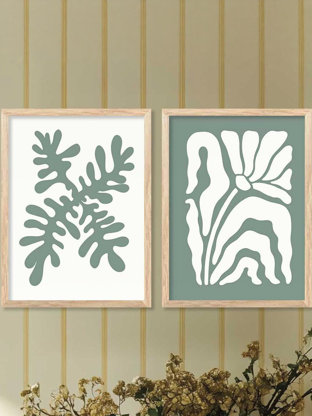 WALLLANE White & Olive Green 2 Piece Abstract Wall Paintings