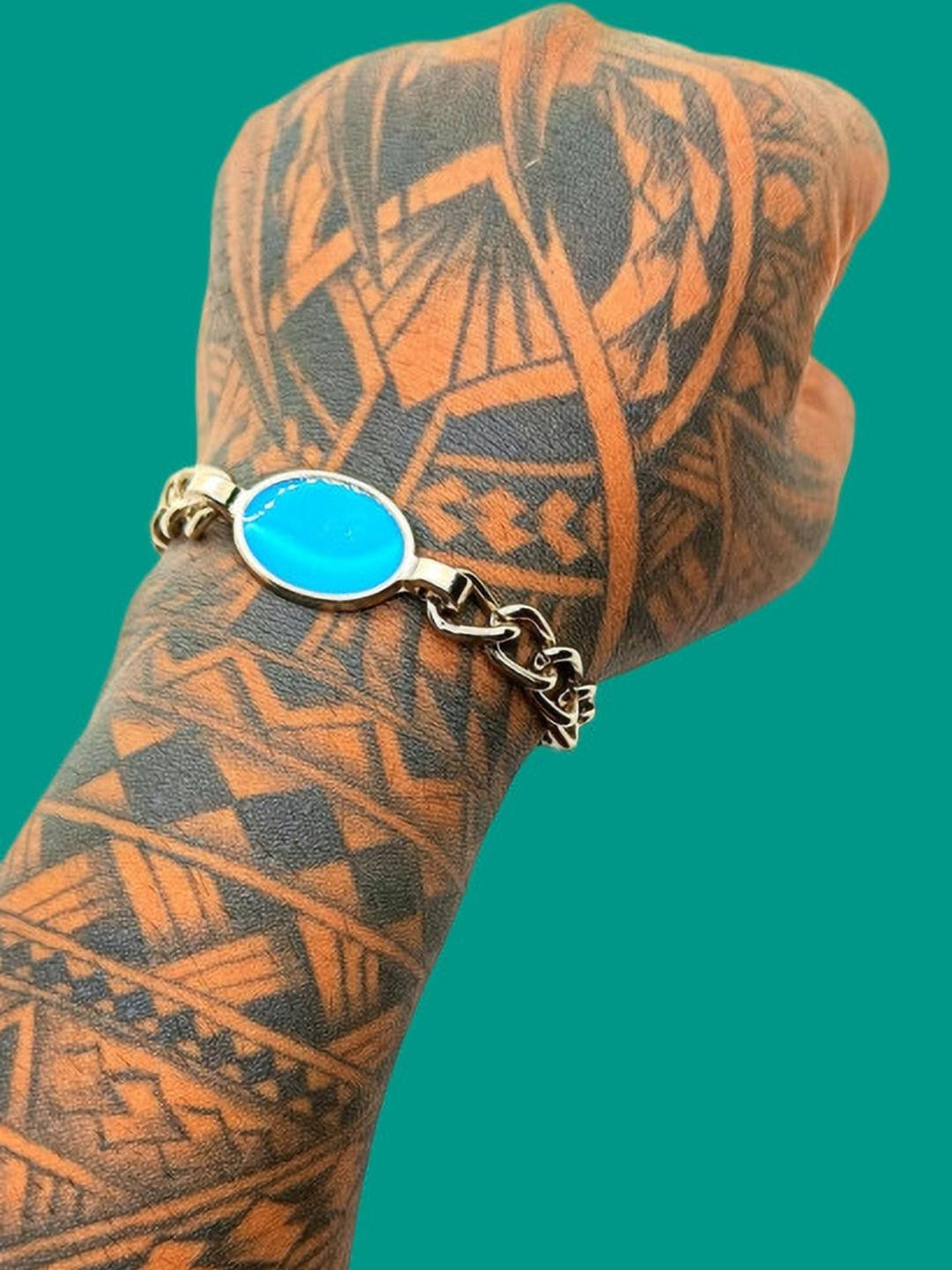 Dynamic Retail Global Men Siler Plated Turquoise Blue Stone Studded Bracelet