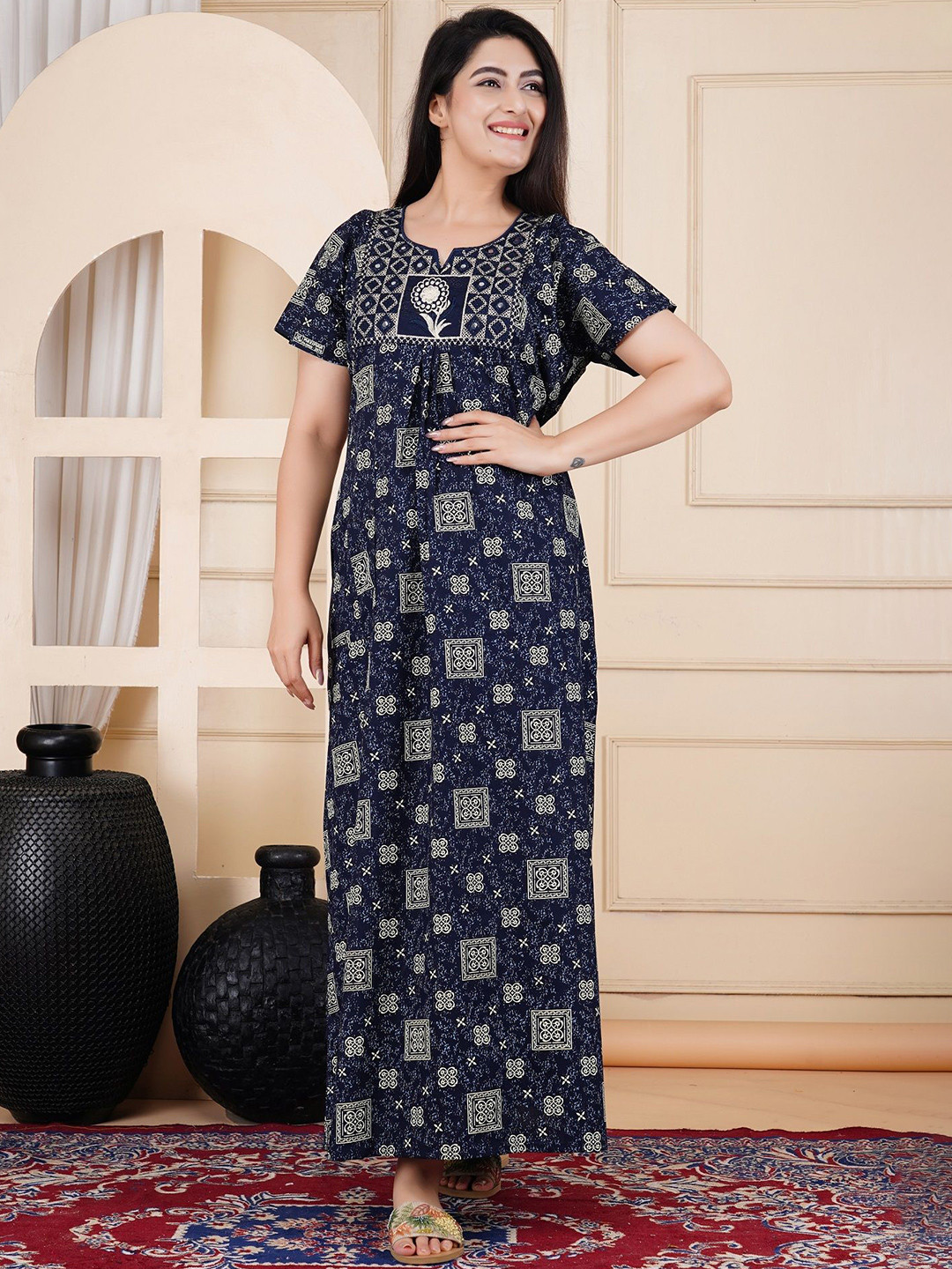 Serenita Women Printed Round Neck Pure Cotton Maxi Nightdress