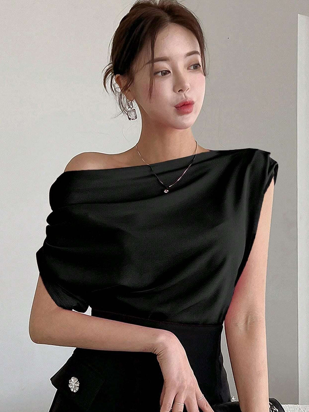 SXV STYLE Women One Shoulder Draped Solid Top