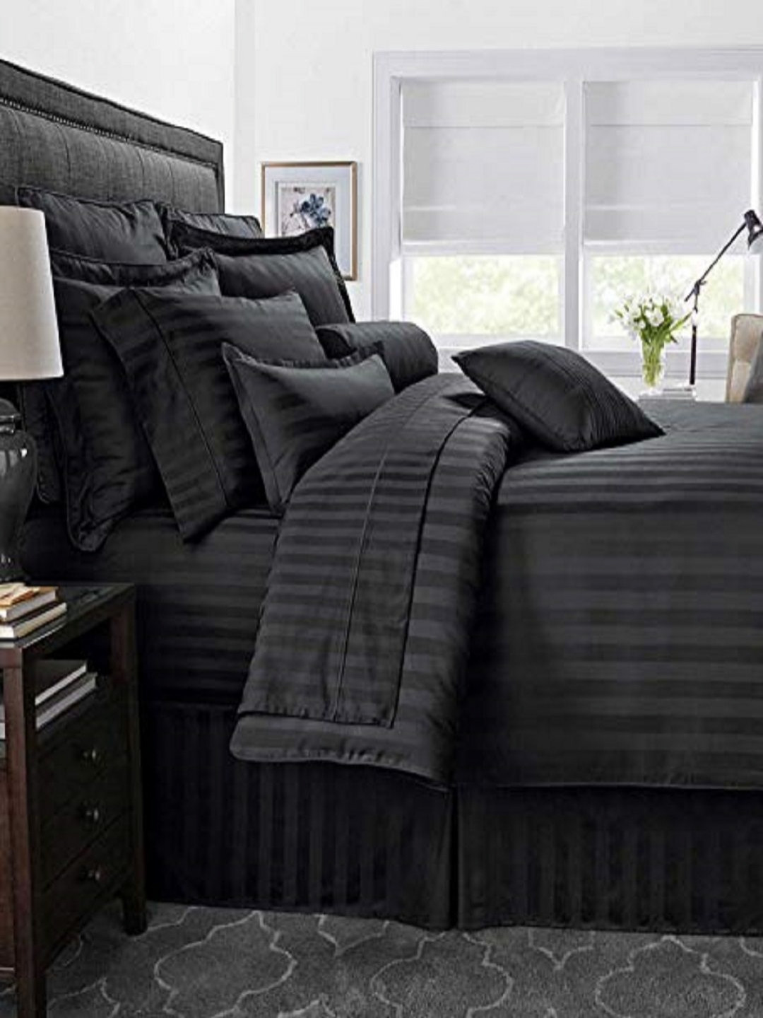tundwal's Black Striped Printed Microfiber 210 TC Queen Bedsheet Sets - 2.23 m x 1.45 m