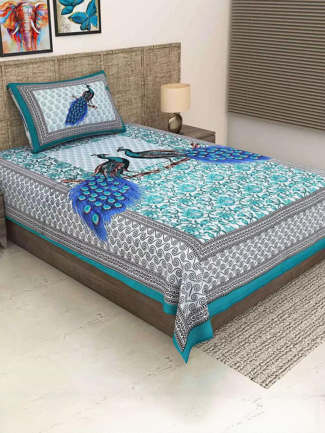 MANDAKINI Green 144 TC Single Bedsheet with 1 Pillow Covers