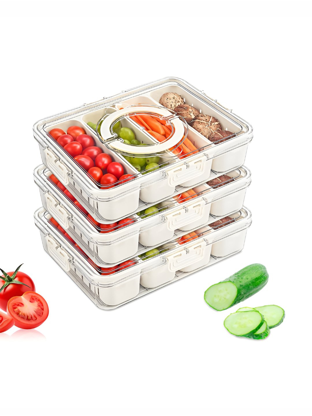 RUBOXA White 3 Pcs Refrigerator Safe Fridge Container With 4 Removable Boxes