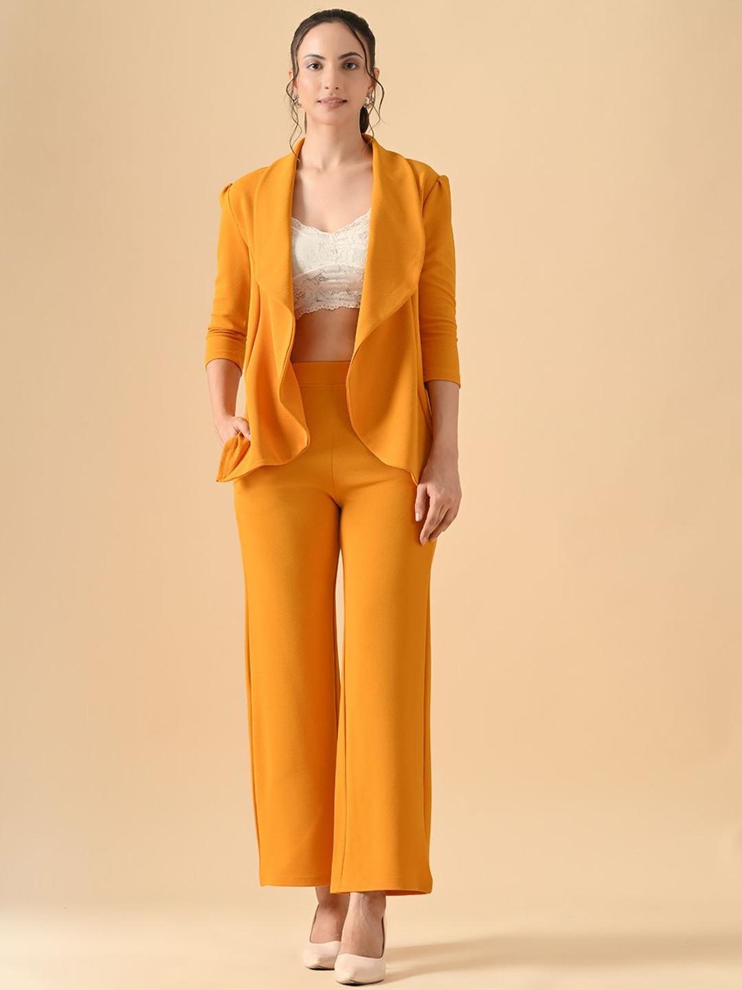 OWL MINK Shawl Collar Open Front 2-Piece Suit