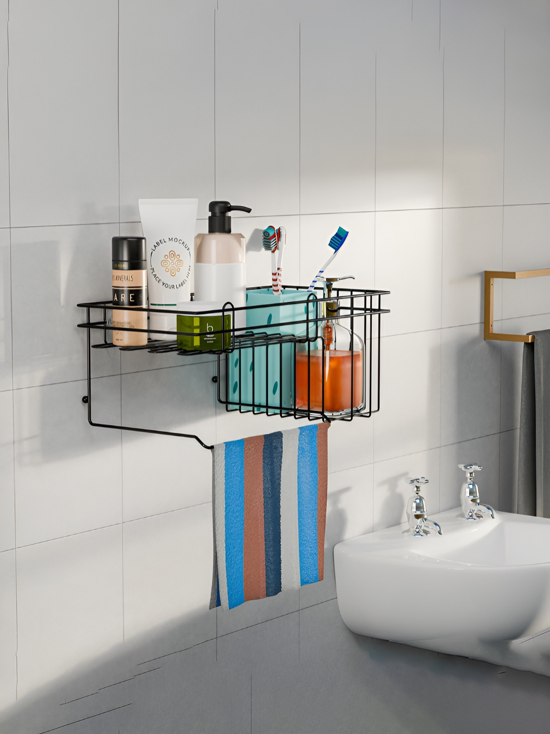 RUBOXA Black Metal Self Adhesive Shower Caddy for Bathroom Rack Towel Hanger