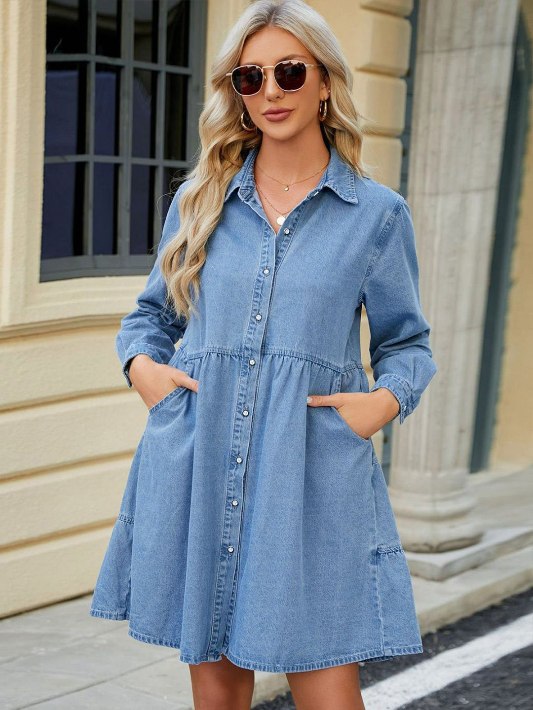 Oh Rare Women Long Sleeve Denim Shirt Dress