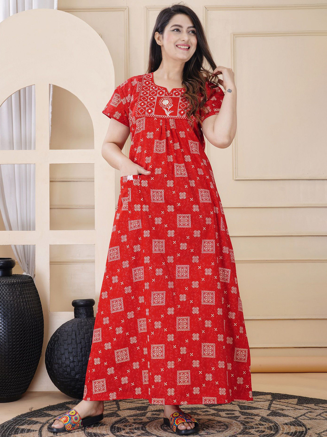 Serenita Women Printed Round Neck Pure Cotton Maxi Nightdress