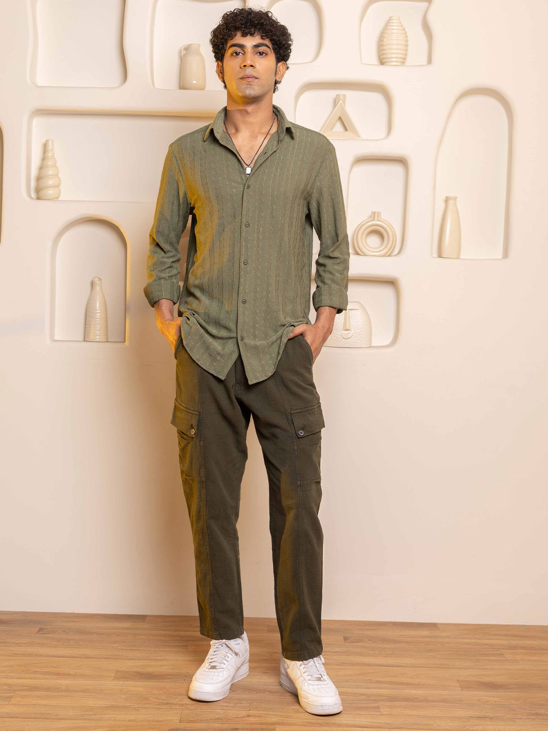 THREE DAYS Grid Striped Spread Collar Comfort Cotton Shirt