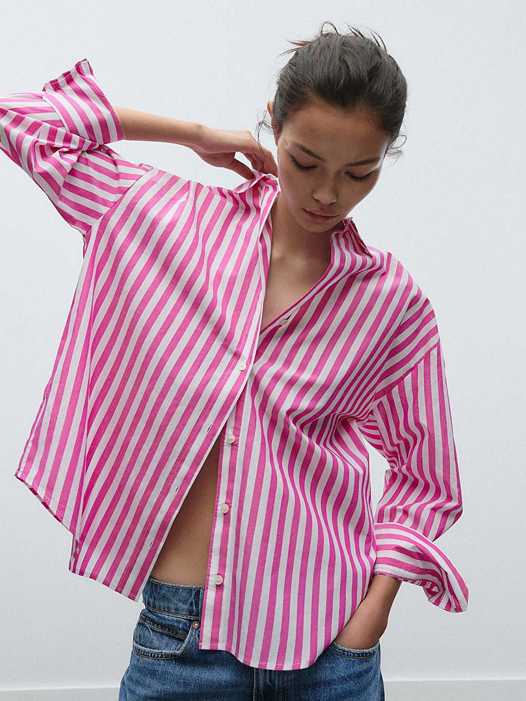 LULU & SKY Women Oversized Fit Vertical Striped Spread Collar Casual Shirt
