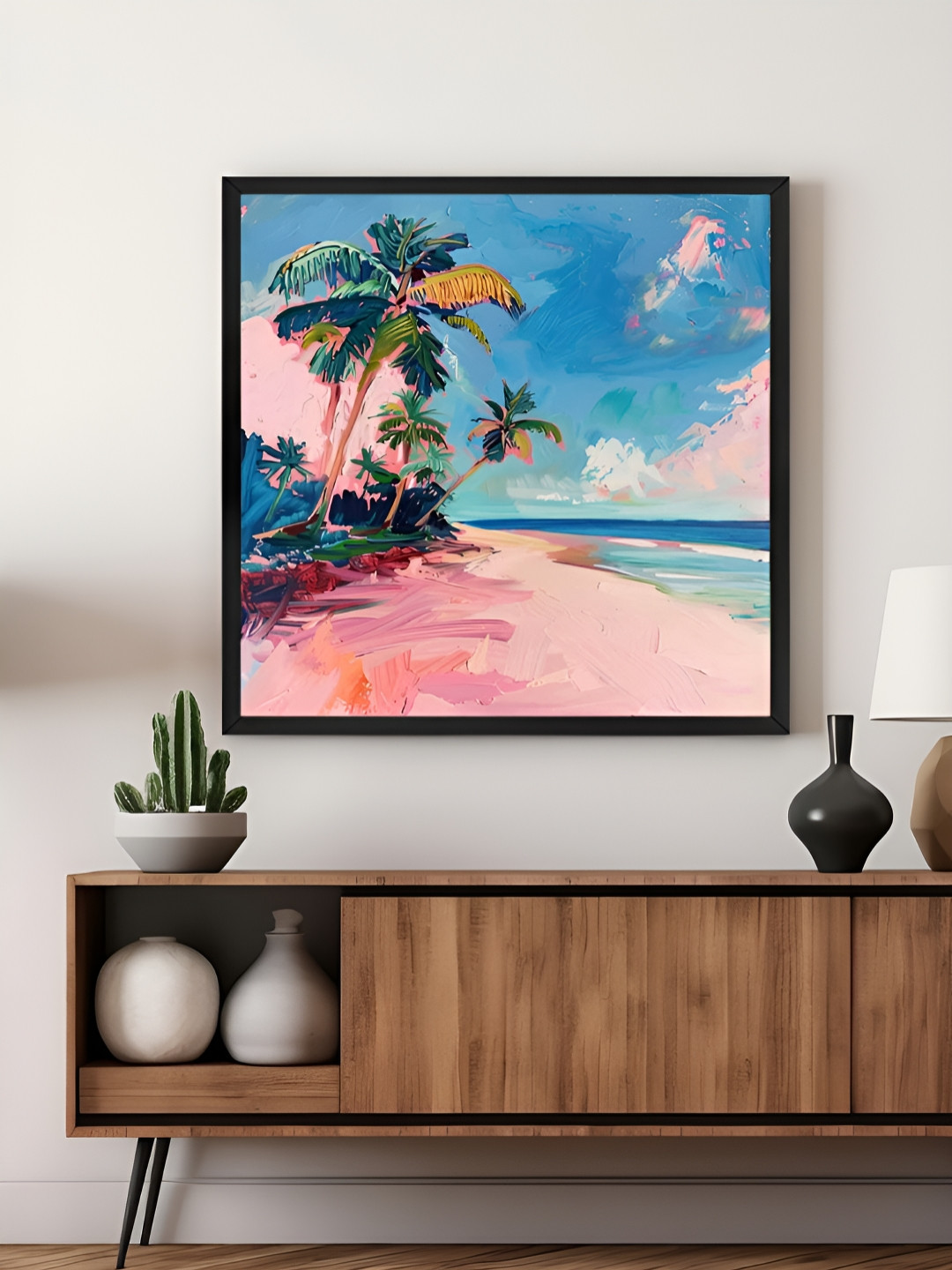999Store Blue & Pink Beach Scene Printed Canvas Wall Art