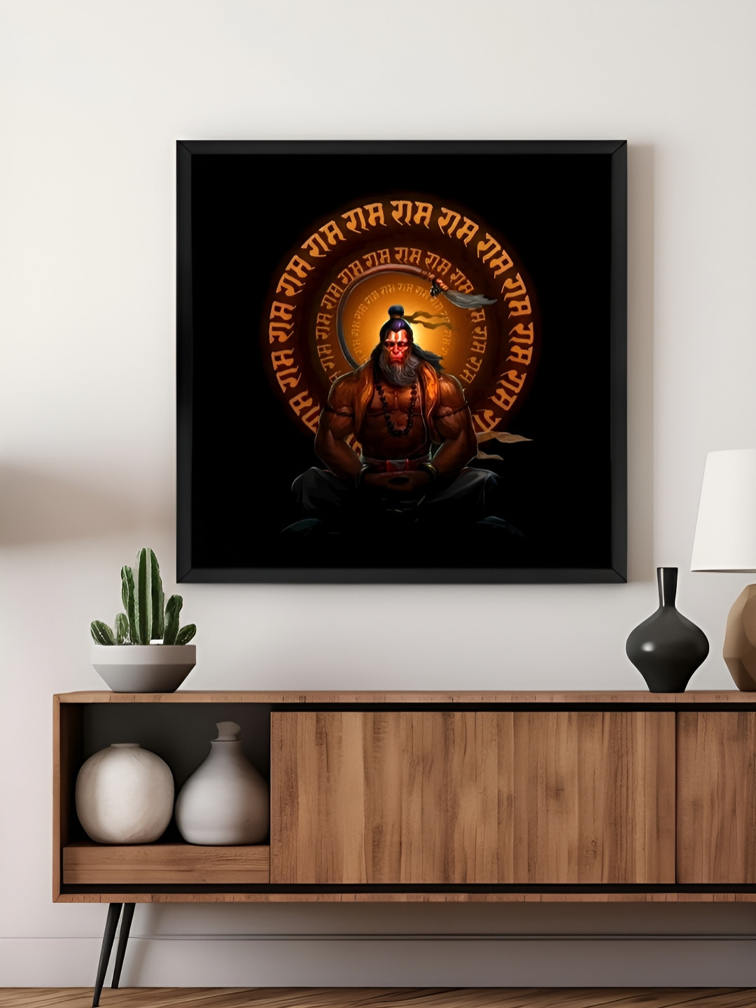 999Store Black & Orange Canvas Meditating Hanuman Religious Wall Aart