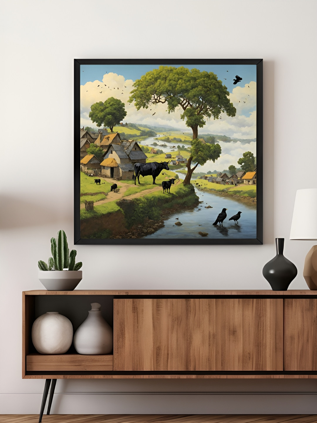 999Store Green A Peaceful Village Scene By A River With Cows & Birds Canvas Wall Art