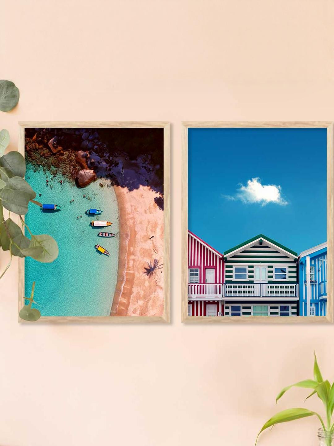 WALLLANE Set Of 2 Brown And Blue Wood Abstract Wall Paintings