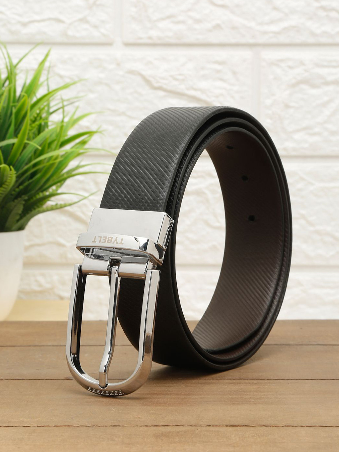 TYBELT Men Black & Brown Textured Leather Reversible Belt
