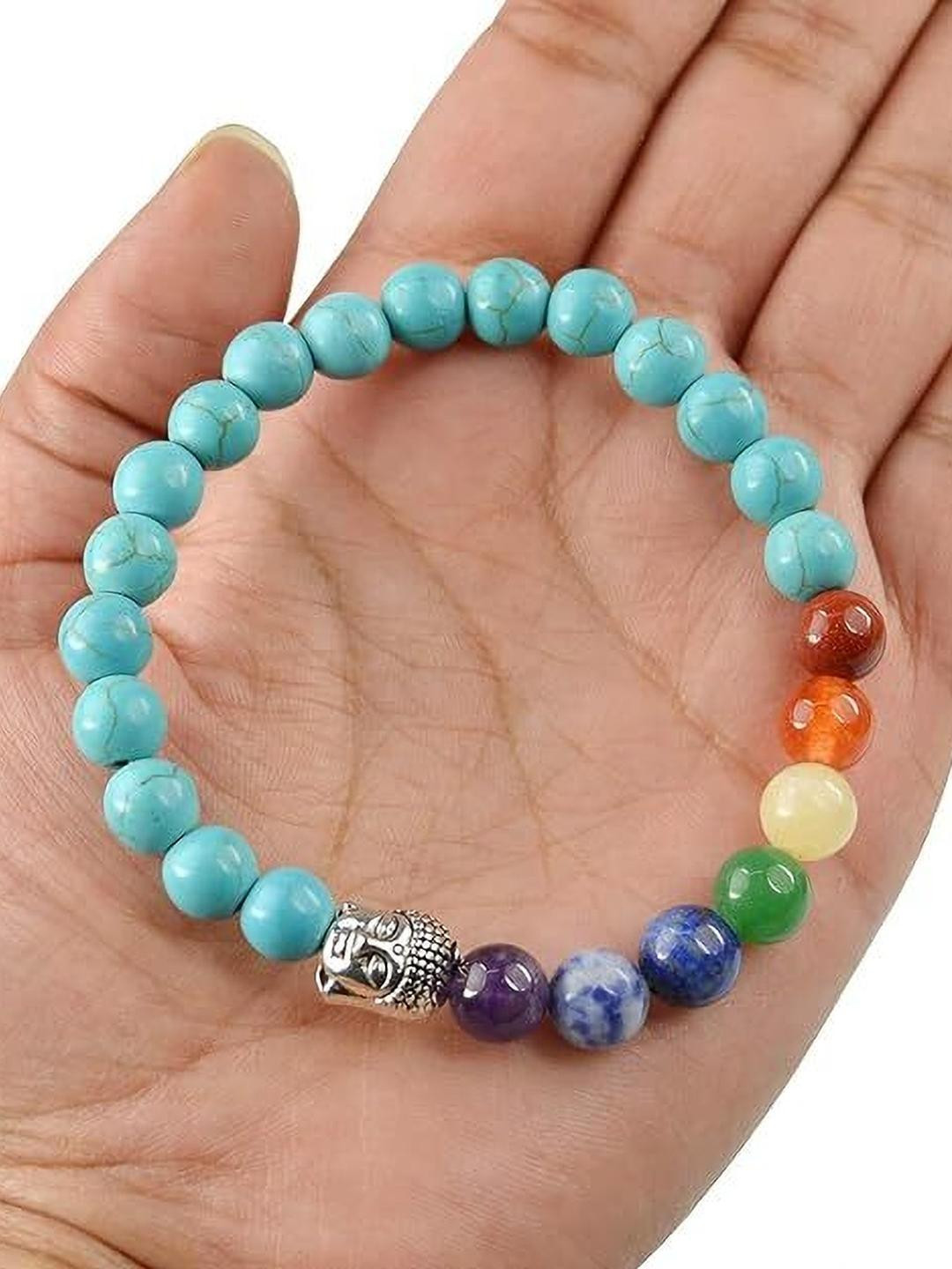 VIBESLE Unisex Turquoise Blue and Crystal Stones Beaded Buddha Head Elasticated Bracelet