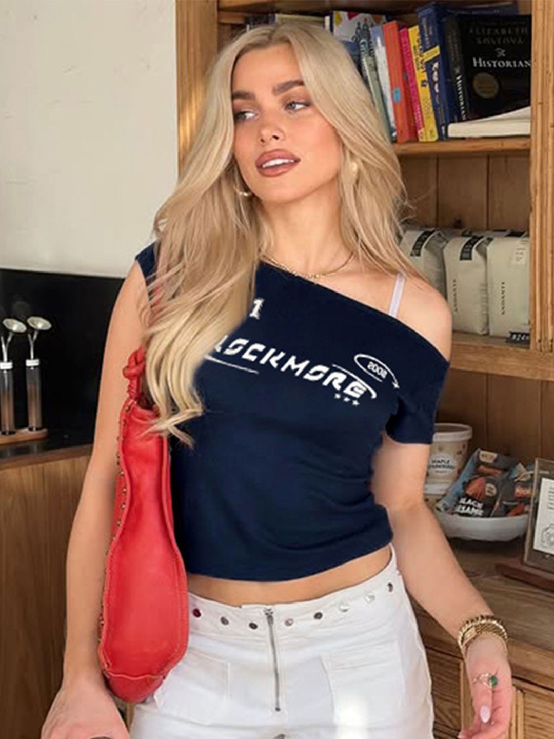 LULU & SKY Women Typography One Shoulder Crop Top