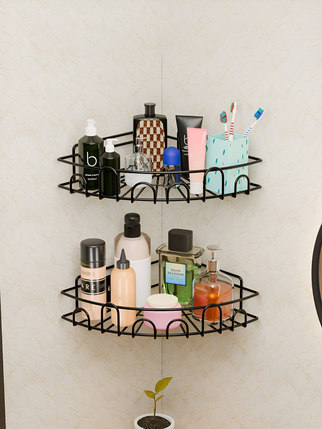 RUBOXA 2 Pieces Black Metal Bathroom Corner Rack Organiser with Drill Screws