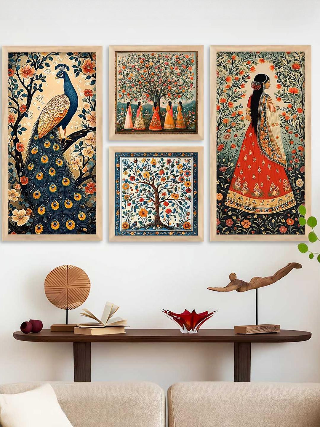 WALLLANE Brown 4 Piece Wood Traditional Wall Art Poster With Frame Wall Paintings