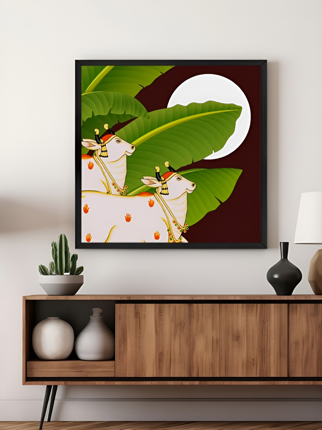 999Store Green & White Traditional Indian Cow Canvas Religious Wall Art