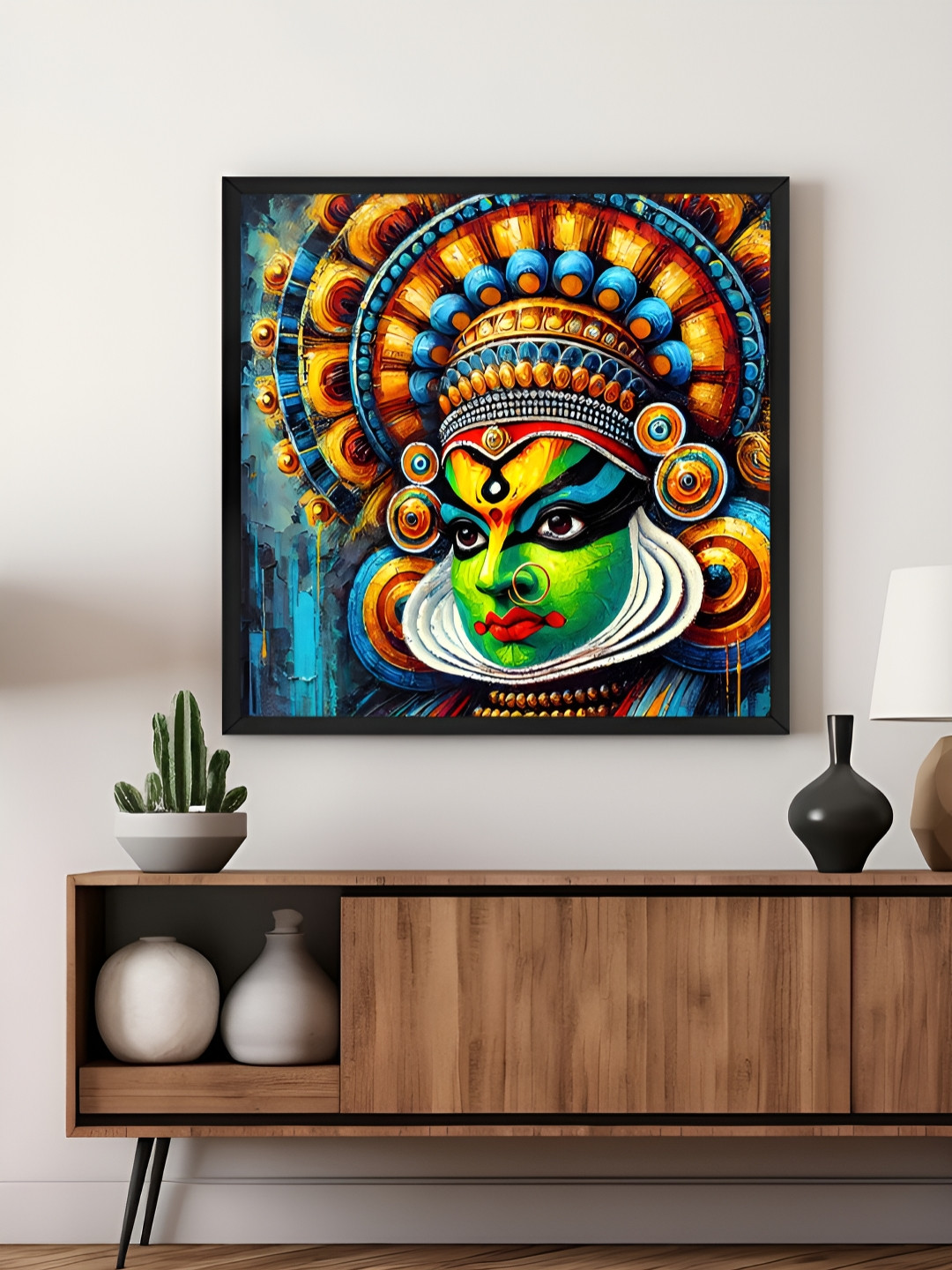 999Store Blue & Yellow Kathakali Portrait Printed Canvas Wall Art