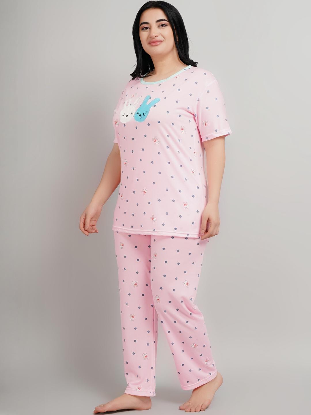 FITIN OUTFIT Pink Polka Dot Printed Night suit