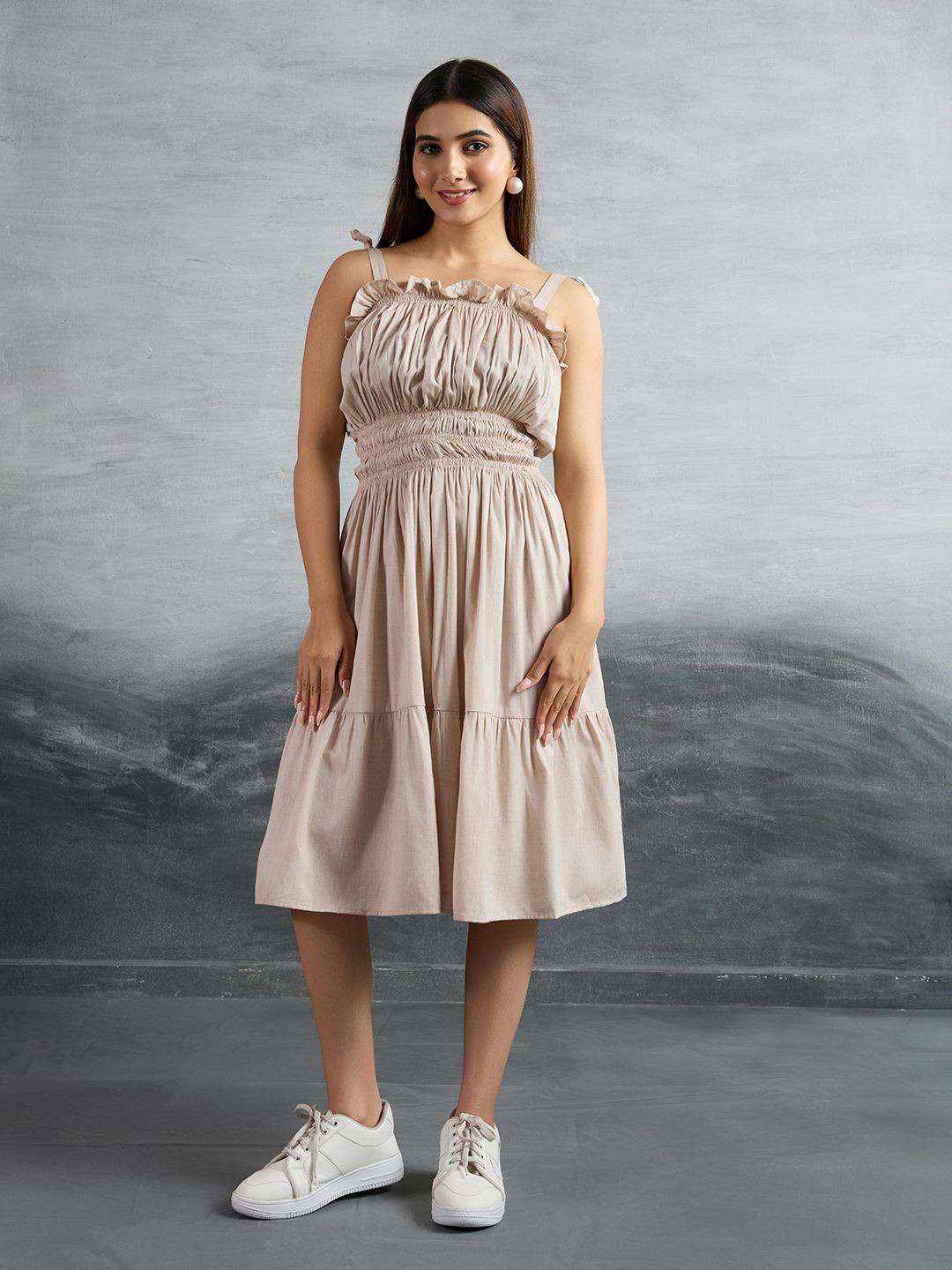 P D Silk Mills Women Cotton Smocked A-Line Midi Dress