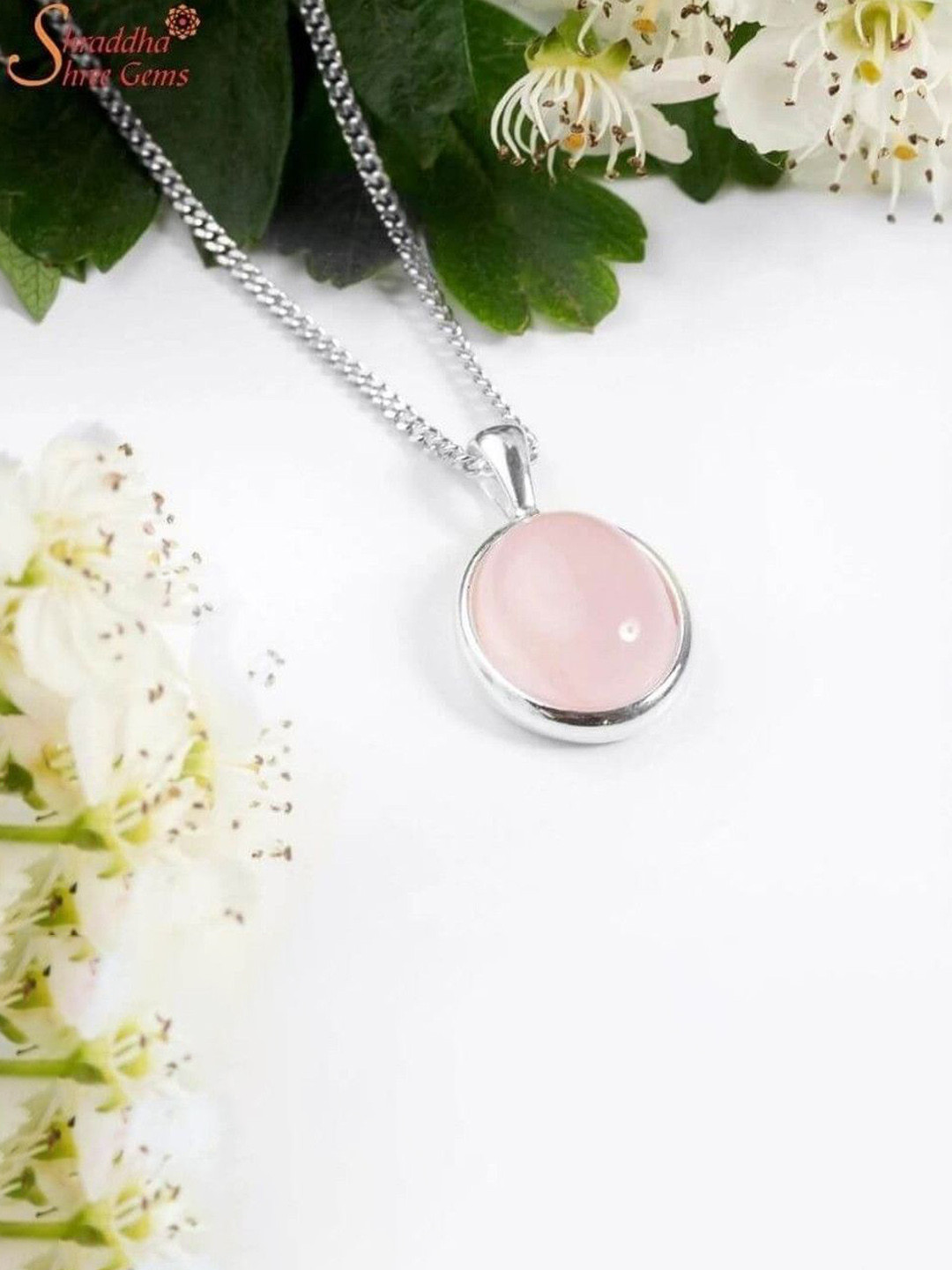 GenZcomplex Unisex Silver-Plated  Circular Shaped Crystal Rose Quartz Pendant