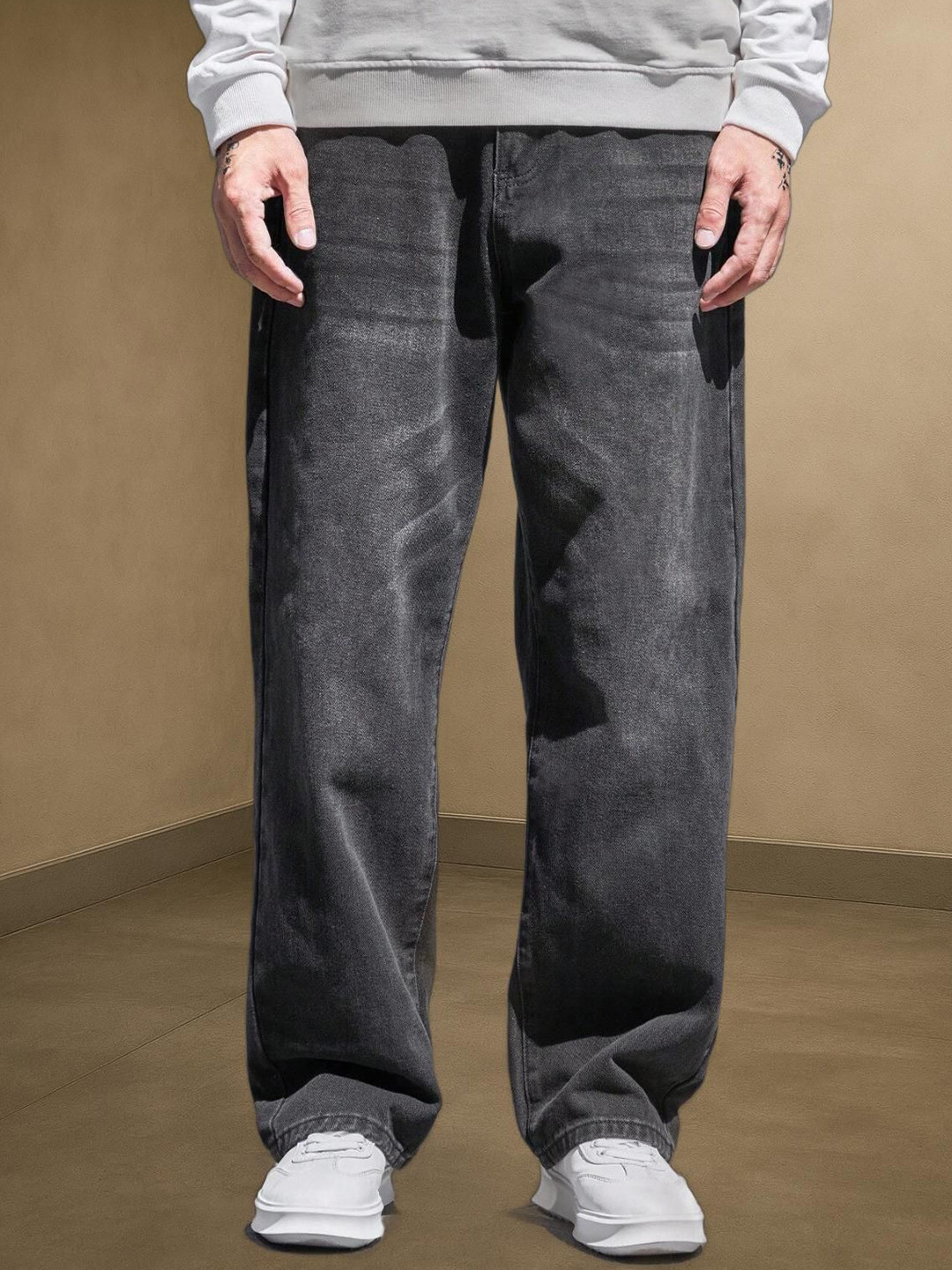 AFLASH Men Baggy Fit Mid-Rise Clean Look Light Fade Stretchable Jeans