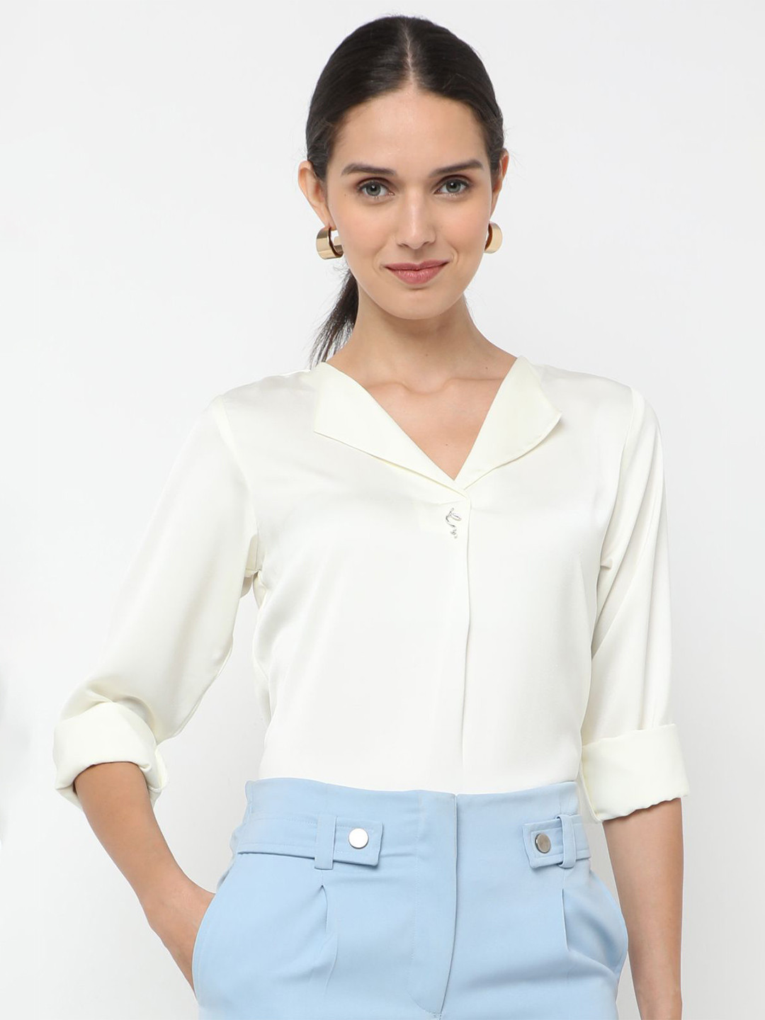 NOT SO PINK Women Relaxed Fit Solid Collarless Casual Shirt