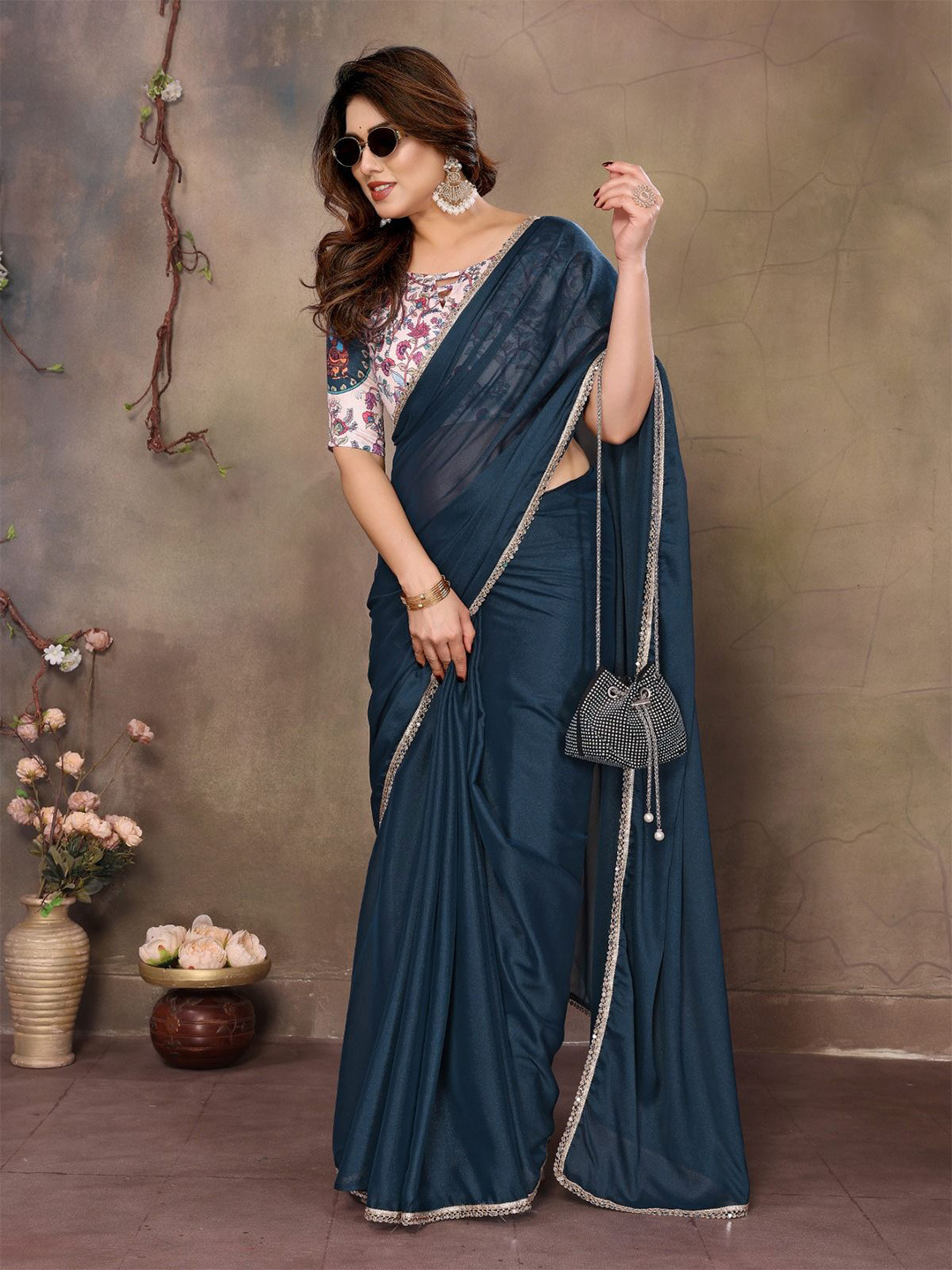 DIKONA DESIGNER Mirror Work Saree with Embellished Border