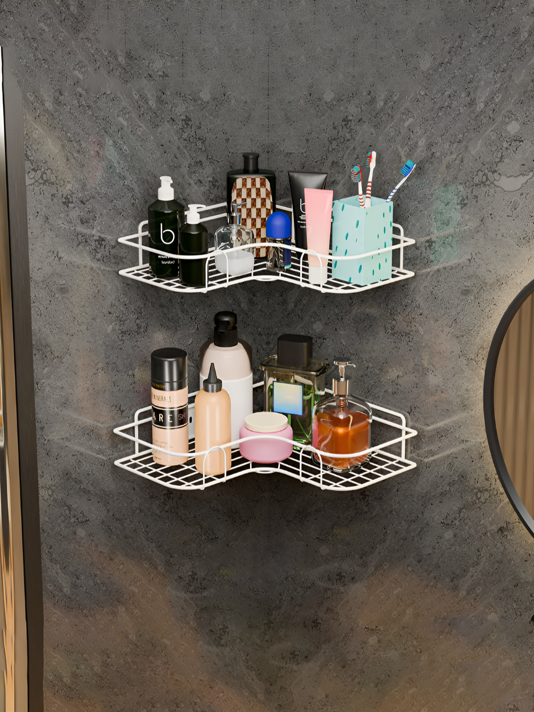 RUBOXA 2 Pieces White Metal Self Adhesive Bathroom Corner Organiser Rack with Screws