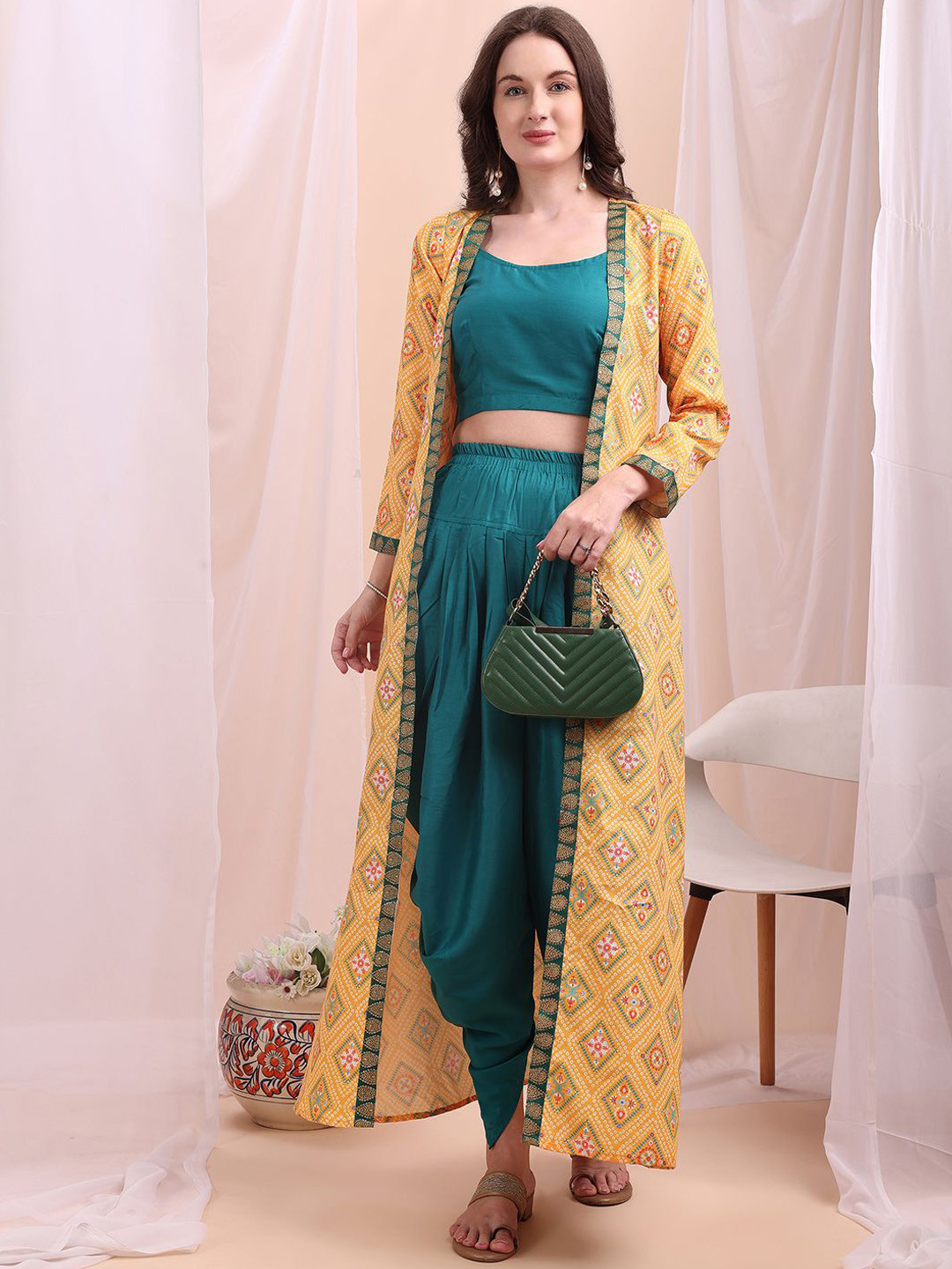 Ahalyaa Shoulder Straps Crop Top & Dhoti Pants With Printed Shrug Co-Ords
