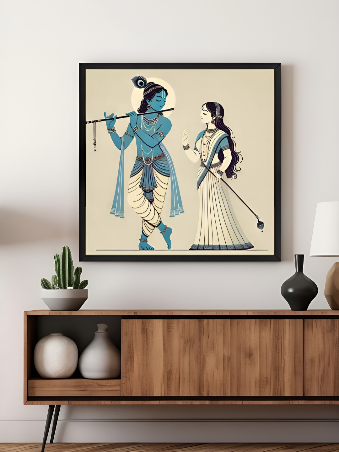 999Store Off White & Blue Krishna Radha Canvas Painting Wall Art