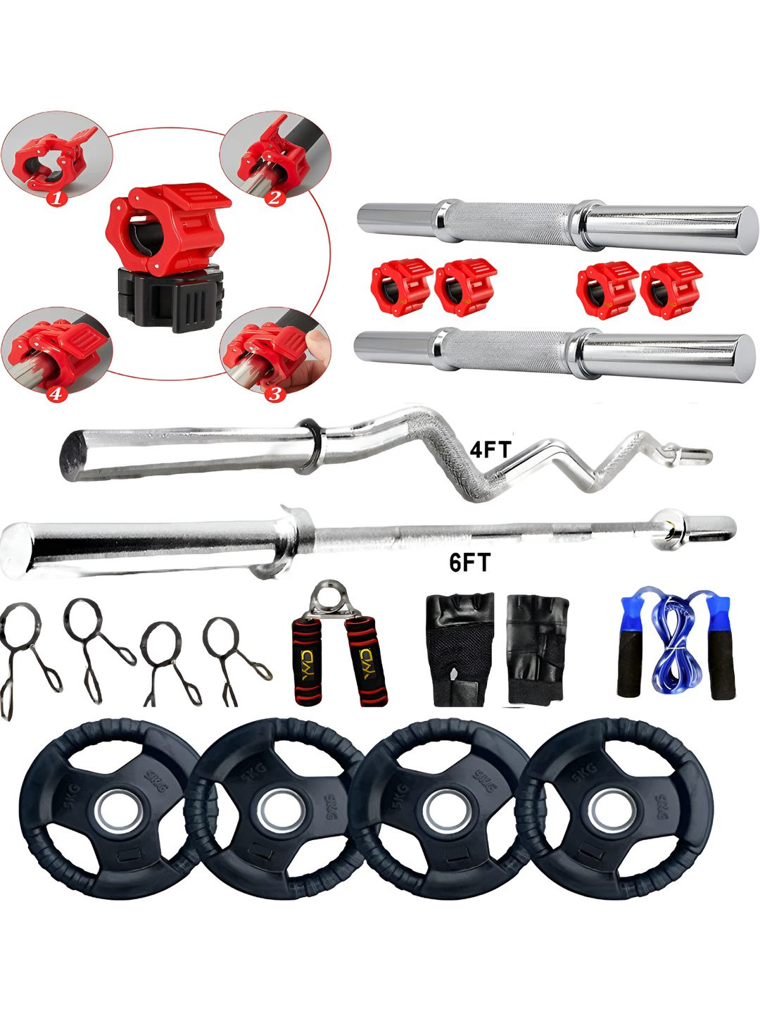 YMD Metal Integrated Rubber Plates Curl & Straight Rod Home Gym Combo