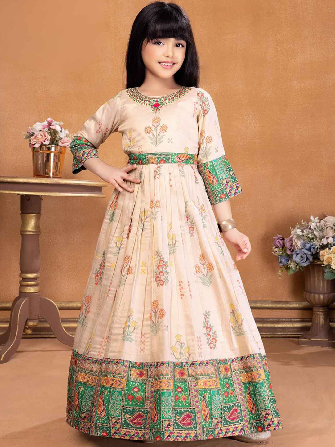 Lagorii Girls Printed Gown Maxi With Zari Panels Ethnic Dresses