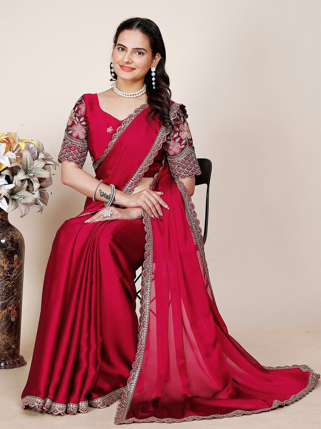 ANJANI TEXTILE Tissue Saree With Sequinned Embroidered Border And Blouse