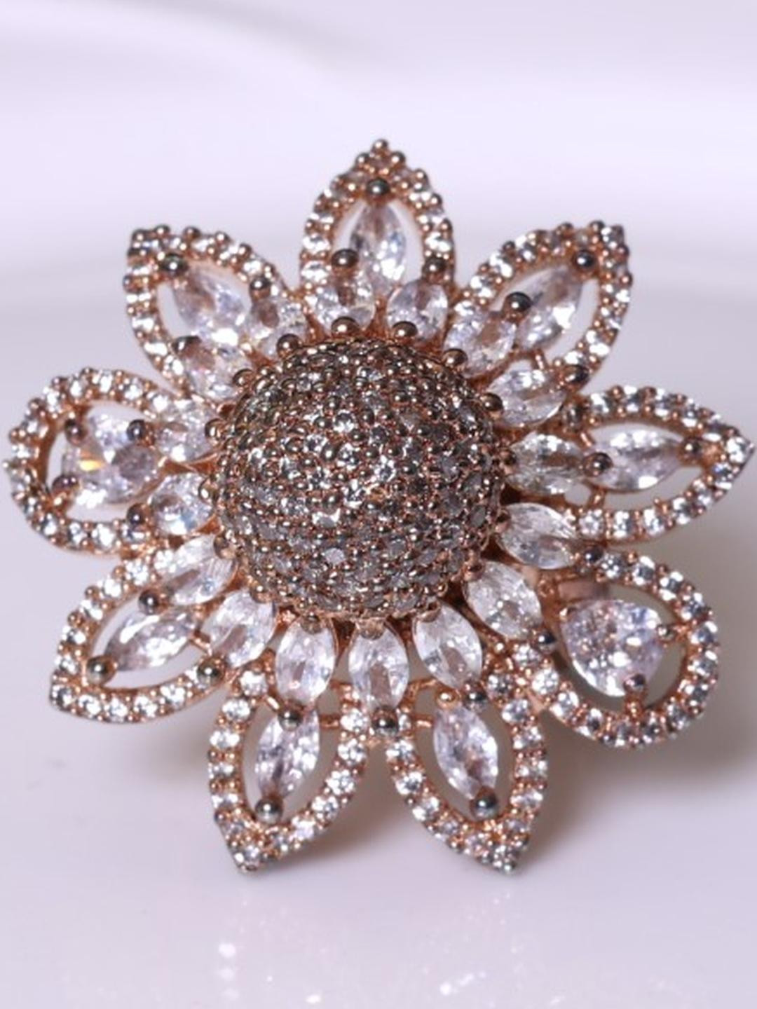 FASHION EMPIRE Brass American Diamond Floral Ring