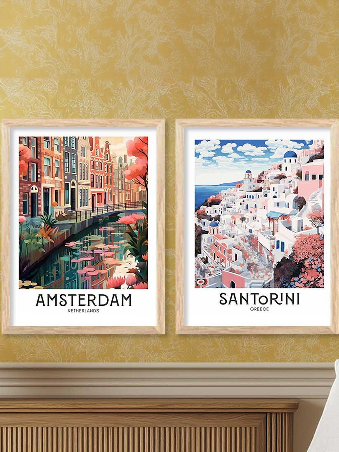 WALLLANE Multicoloured Travel Theme 2 Piece Wood Abstract Wall Paintings