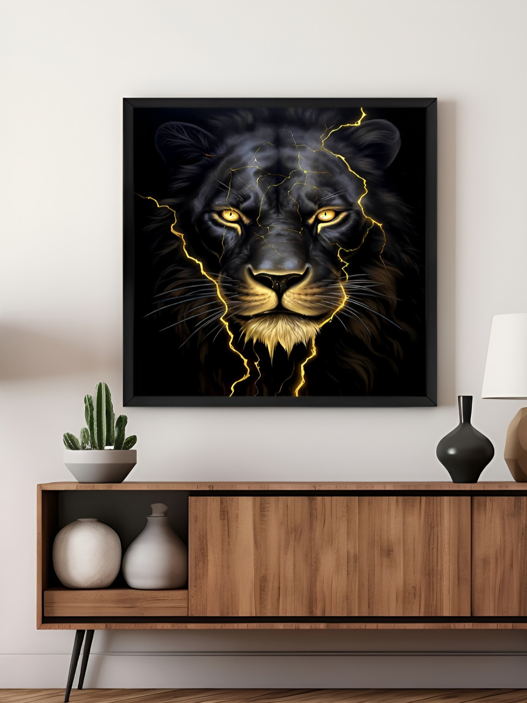 999Store Black & Gold-Toned Lion With Lightning Effect Canvas Wall Art