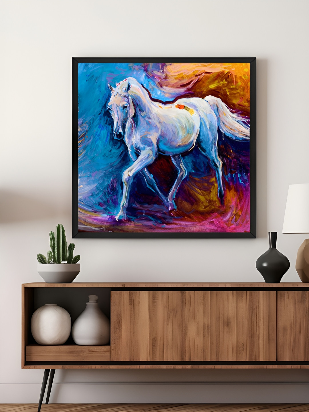 999Store Blue & Yellow Canvas Galloping Horse Wall Art