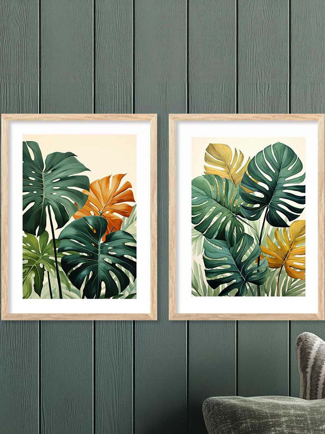 WALLLANE Green 2 Piece Wood Botanical Wall Paintings