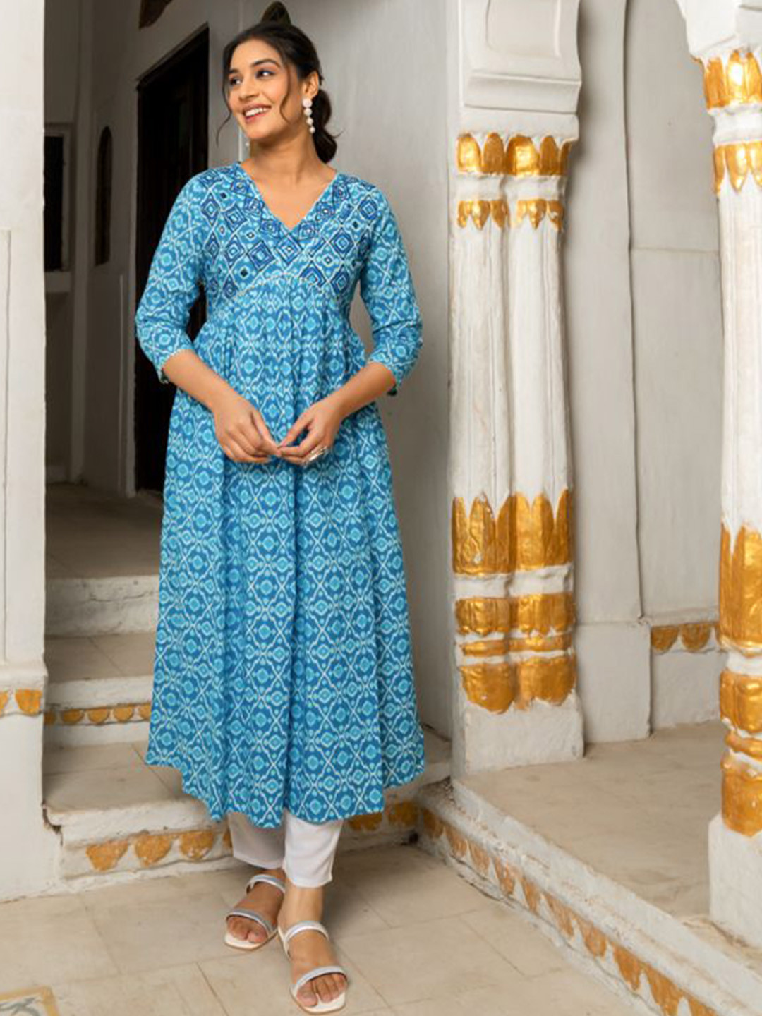 GAYRAA KTALA Women Embroidered Empire Mirror Work Pure Cotton Kurta with Trousers