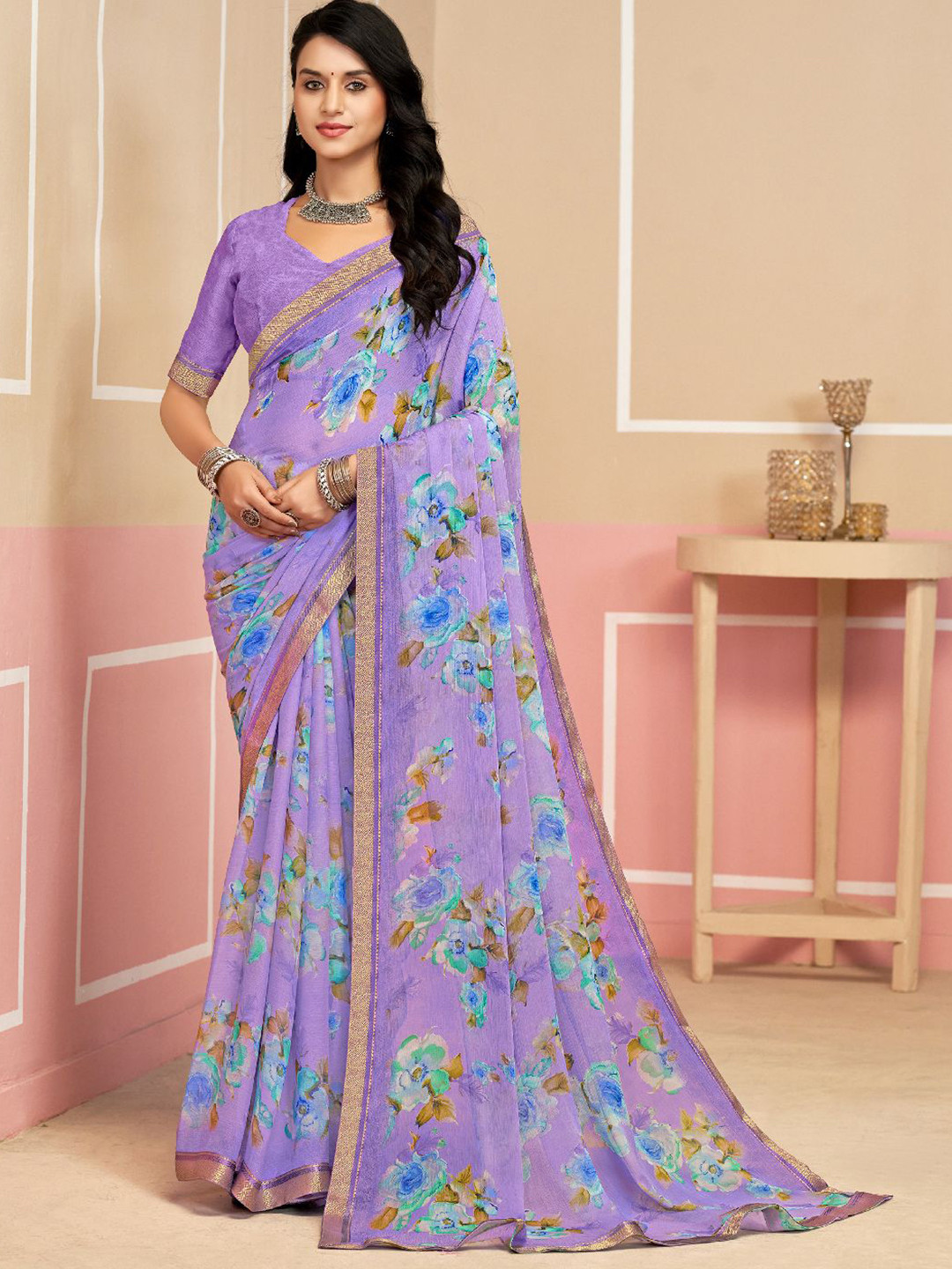 LeeliPeeri Designer Floral Print Zaree Saree With Unstitched Blouse Piece
