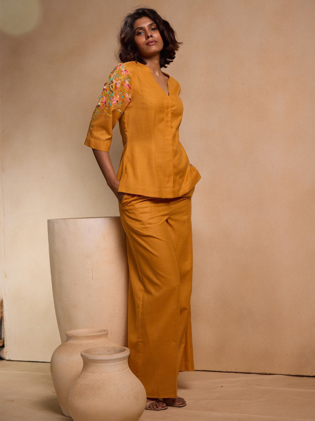 Chhaya Gandhi Design Studio Women V-Neck Self Design Top