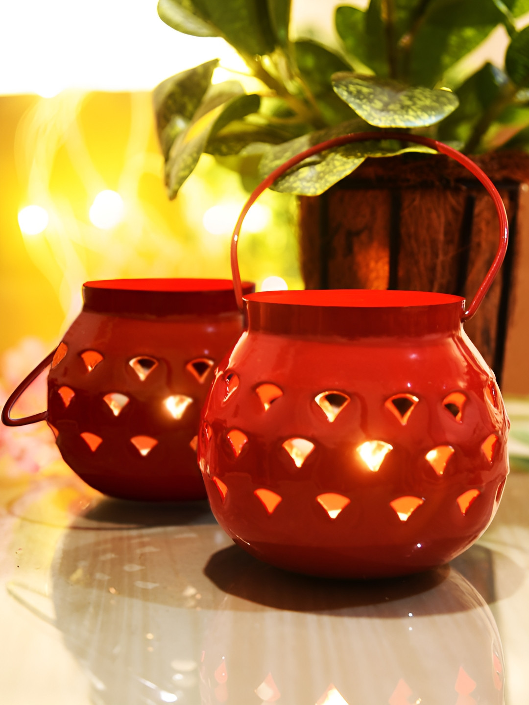 Homesake Red 2 Pieces Urli Moroccan Lanterns Tealight Candle Holders